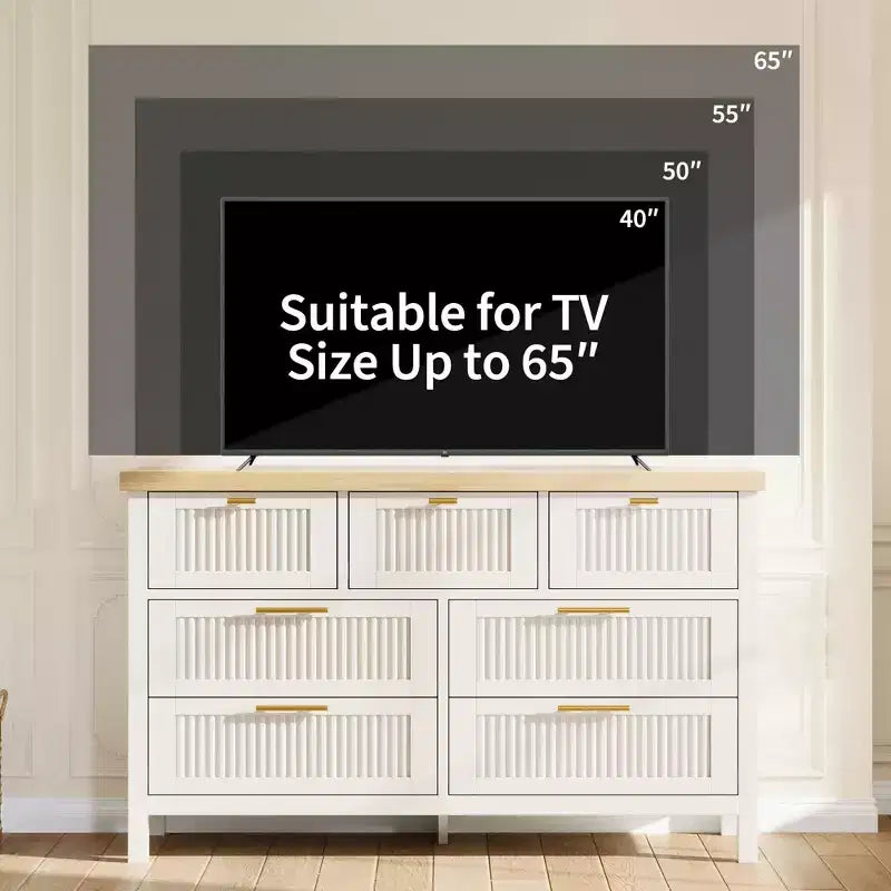 7 Drawer Dresser with Textured Fronts, TV Stand for TVs Up to 65", Wide Storage Chest for Bedroom, Living Room, Entryway