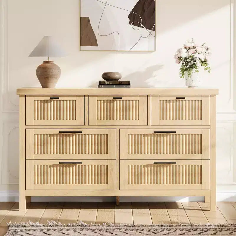 7 Drawer Dresser with Textured Fronts, TV Stand for TVs Up to 65", Wide Storage Chest for Bedroom, Living Room, Entryway