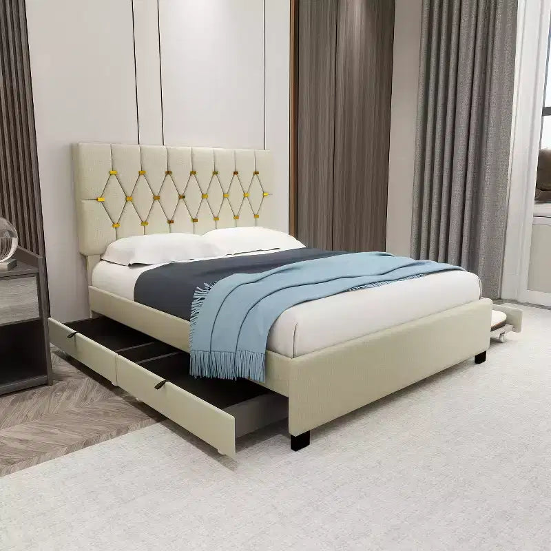 Bellemave Modern Velvet Queen Bed With Twin Trundle and 2 Storage Drawers,Beige