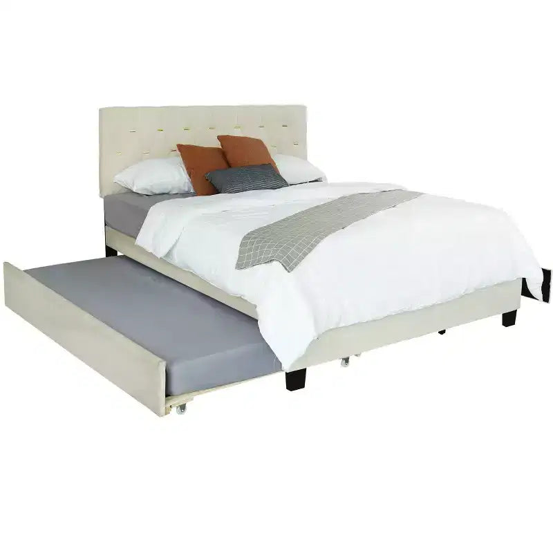 Modern Velvet Queen Bed With Twin Trundle and 2 Storage Drawers, Beige