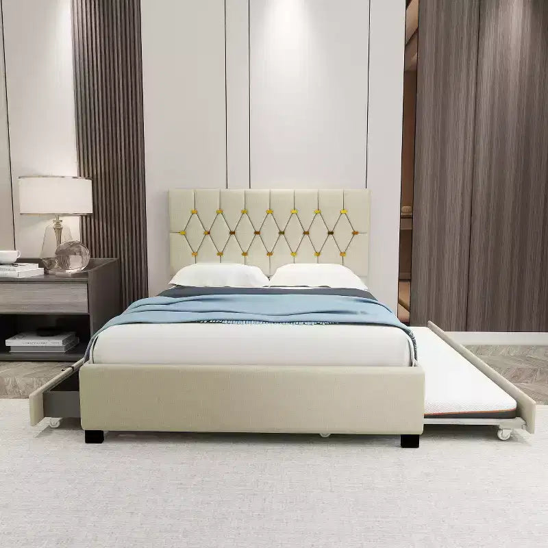 Modern Velvet Queen Bed With Twin Trundle and 2 Storage Drawers, Beige
