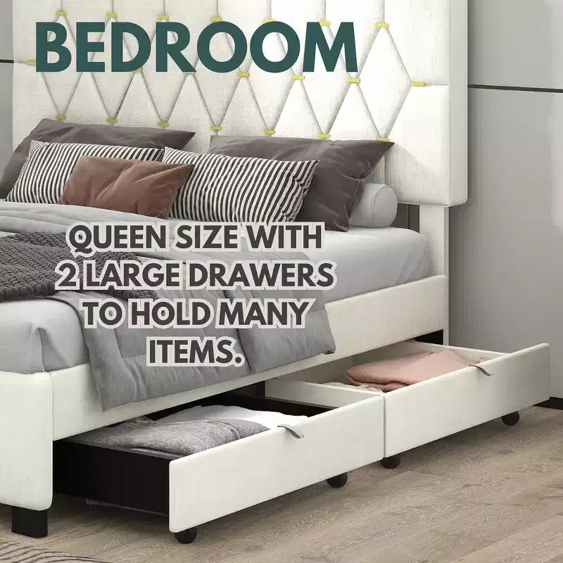 Modern Velvet Queen Bed With Twin Trundle and 2 Storage Drawers, Beige