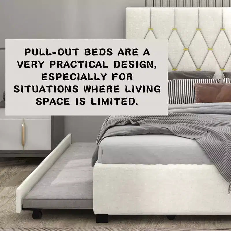 Modern Velvet Queen Bed With Twin Trundle and 2 Storage Drawers, Beige