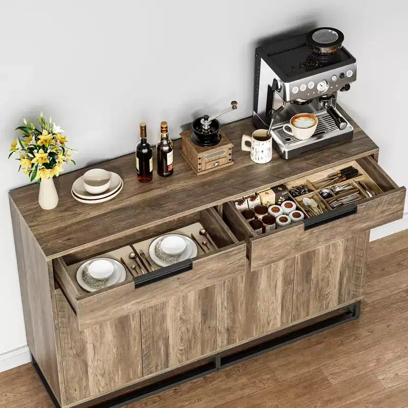 Sideboard Buffet Cabinet with 2 Drawers and 4 Doors, Coffee Bar Table for Kitchen Dining Room Living Room