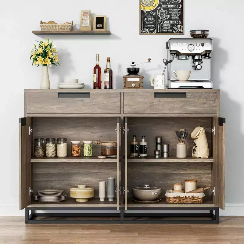 Sideboard Buffet Cabinet with 2 Drawers and 4 Doors, Coffee Bar Table for Kitchen Dining Room Living Room
