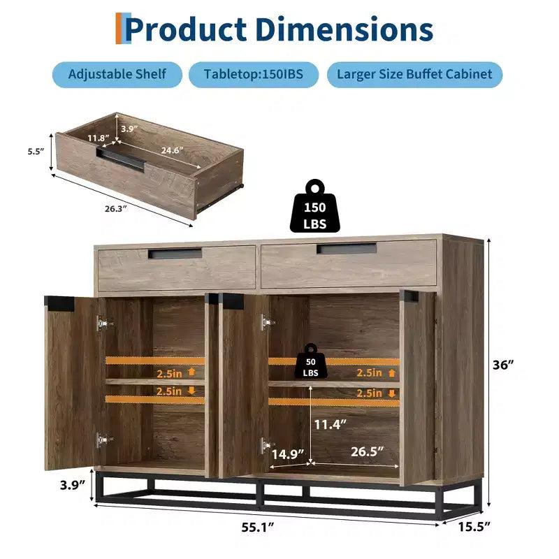 Sideboard Buffet Cabinet with 2 Drawers and 4 Doors, Coffee Bar Table for Kitchen Dining Room Living Room