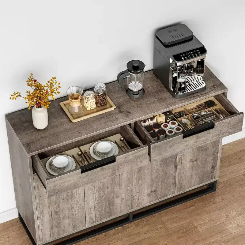 Sideboard Buffet Cabinet with 2 Drawers and 4 Doors, Coffee Bar Table for Kitchen Dining Room Living Room