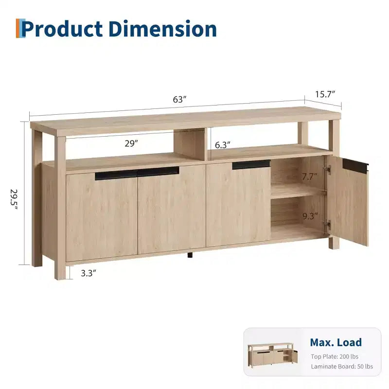 63-Inch Farmhouse TV Stand for 70-Inch TV with Storage and Open Shelves