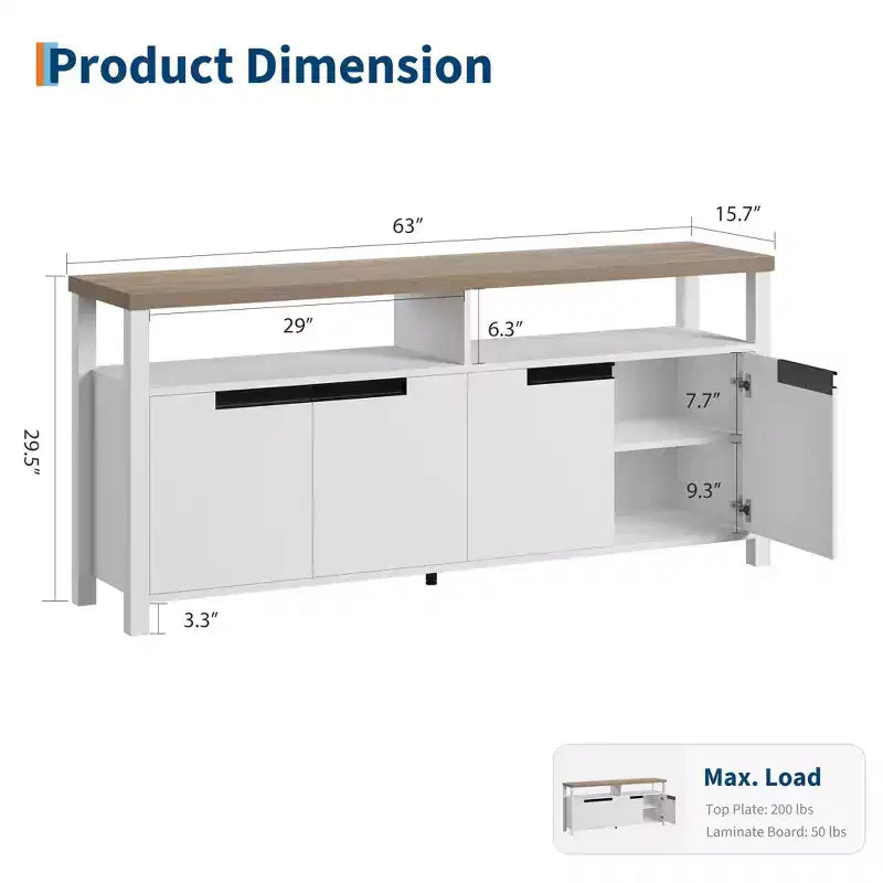 63-Inch Farmhouse TV Stand for 70-Inch TV with Storage and Open Shelves