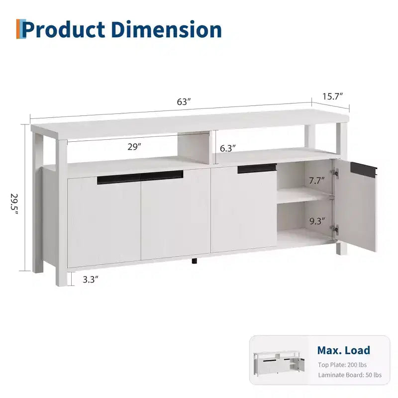 63-Inch Farmhouse TV Stand for 70-Inch TV with Storage and Open Shelves