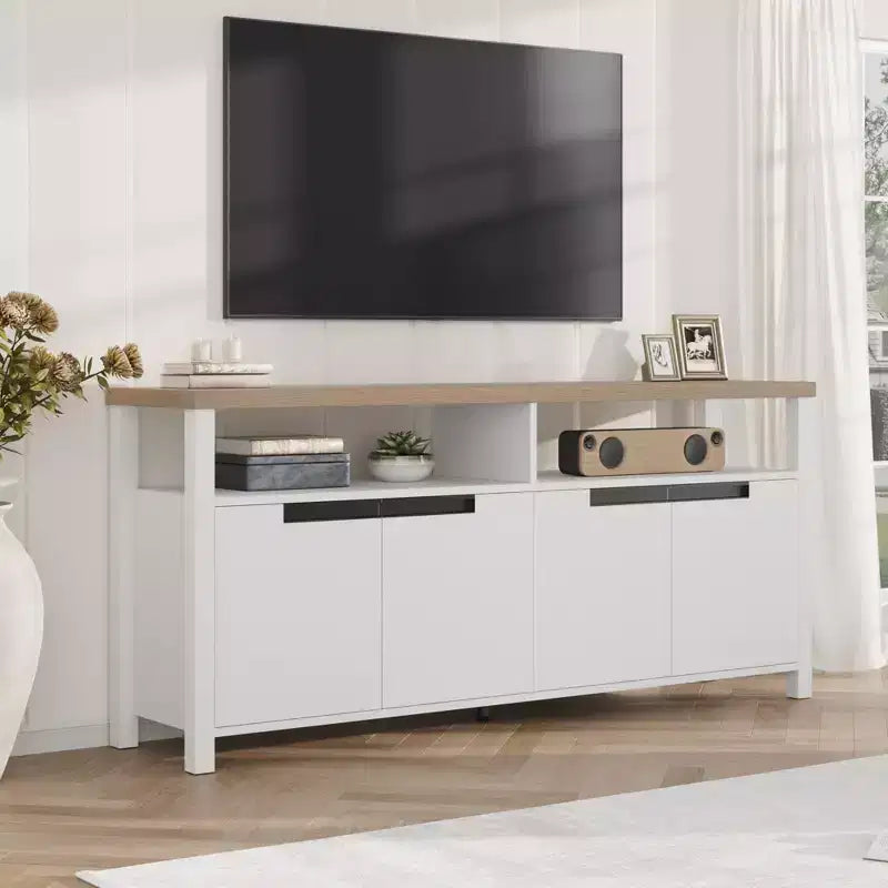 63-Inch Farmhouse TV Stand for 70-Inch TV with Storage and Open Shelves