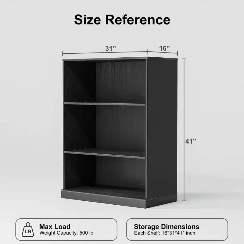 Black 3-Shelf Doorless Bookcase, Wood, 1 Person Assembly