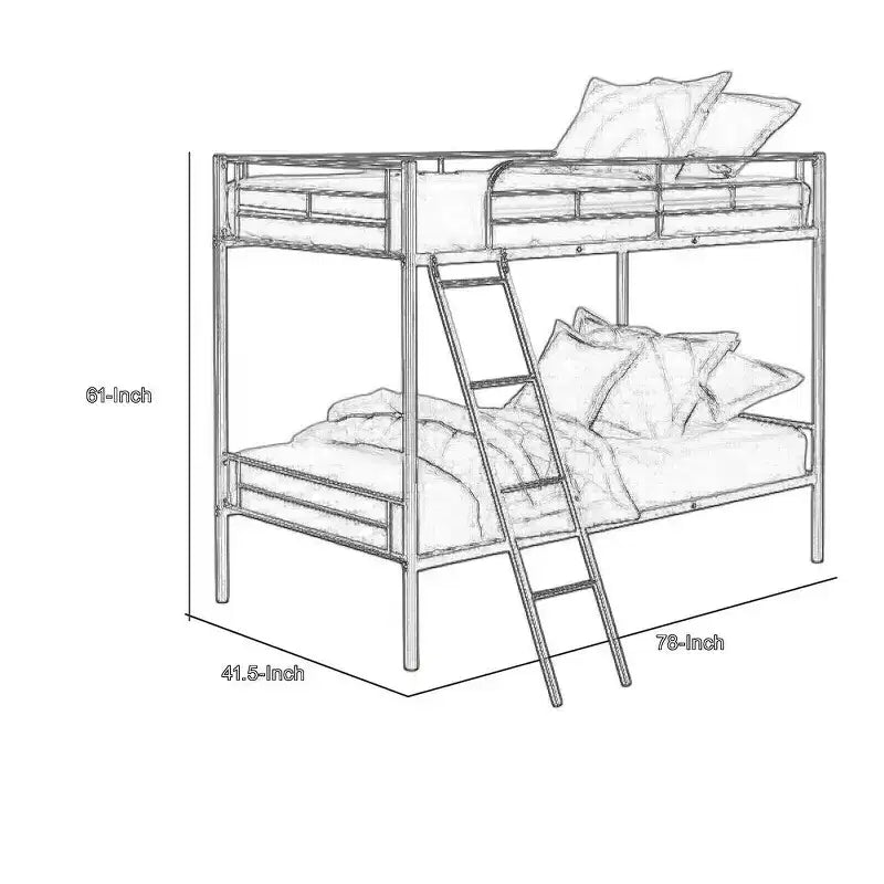 Silver Metal Twin Over Twin Bunk Bed, Angled Ladder, Sleeps 2