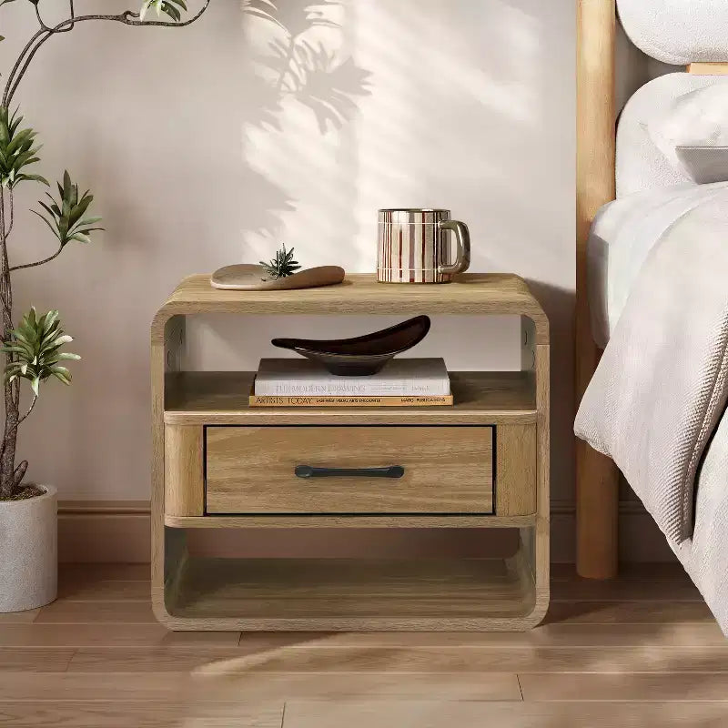 LuxenHome Small Night Stand with Drawer, 15.7 H Light Oak Bedside Table for Bedroom, Living Room Brown