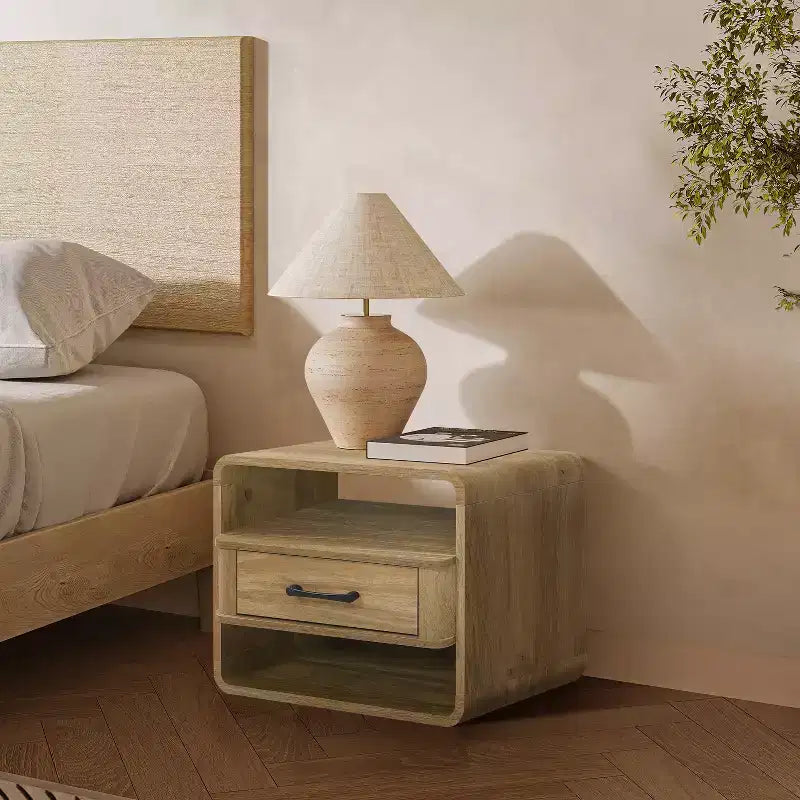 Light Oak Nightstand with Drawer, Brown, 1-Person