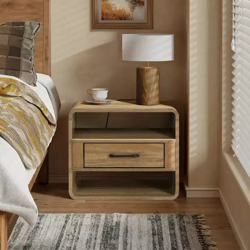 Light Oak Nightstand with Drawer, Brown, 1-Person