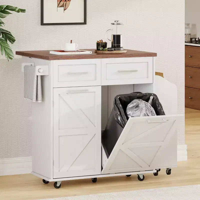 Farmhouse Kitchen Island with Drop Leaf, Kitchen Cart with Removable Side Racks and Towel Rack