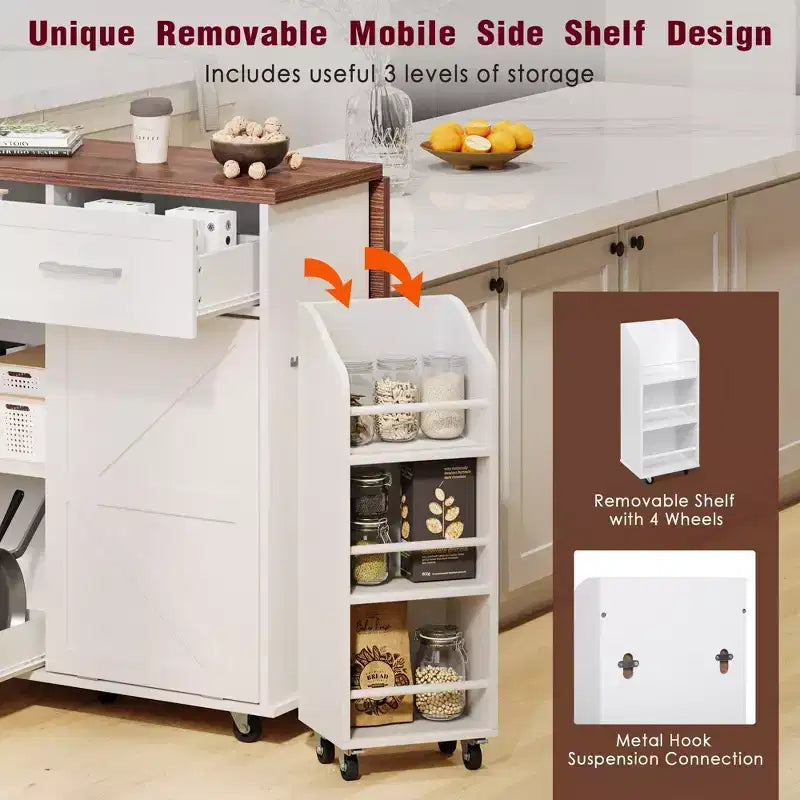 Farmhouse Kitchen Island with Drop Leaf, Kitchen Cart with Removable Side Racks and Towel Rack
