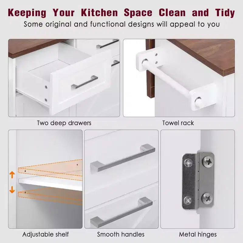 Farmhouse Kitchen Island with Drop Leaf, Kitchen Cart with Removable Side Racks and Towel Rack
