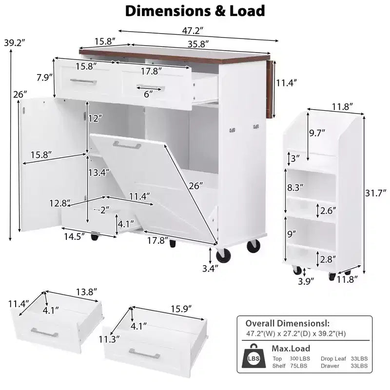 Farmhouse Kitchen Island with Drop Leaf, Kitchen Cart with Removable Side Racks and Towel Rack