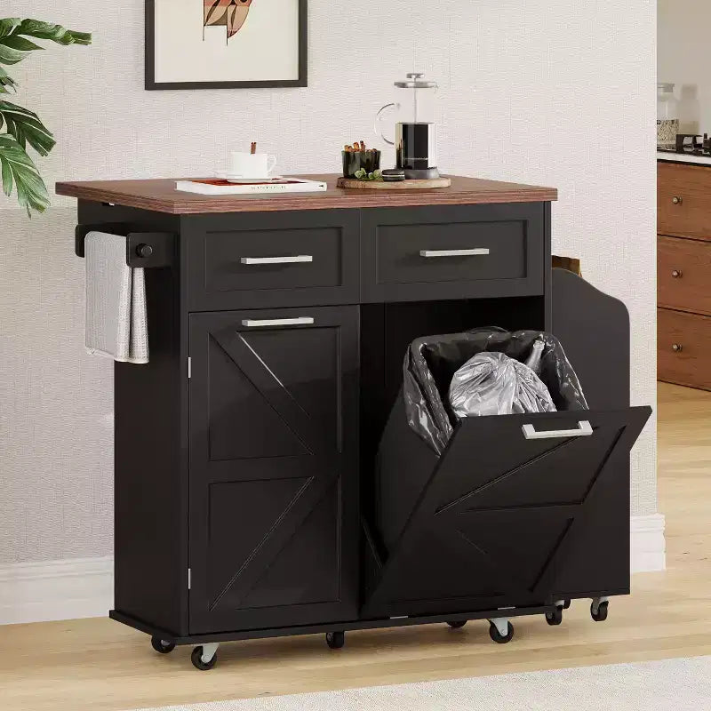Farmhouse Kitchen Island with Drop Leaf, Kitchen Cart with Removable Side Racks and Towel Rack