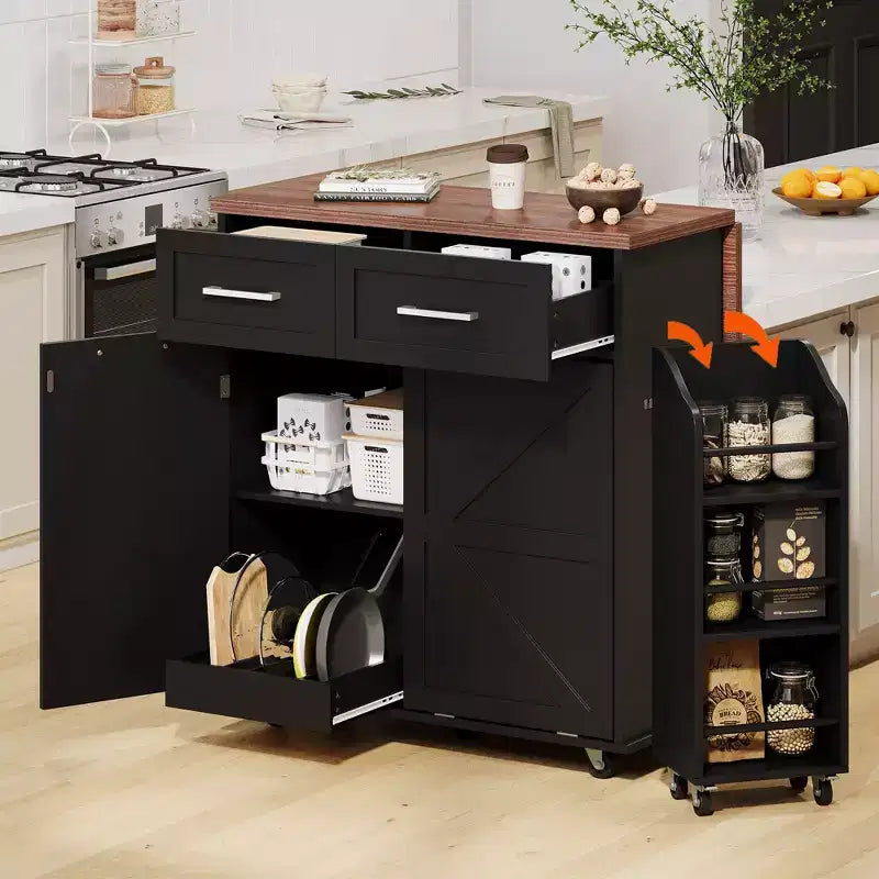 Farmhouse Kitchen Island with Drop Leaf, Kitchen Cart with Removable Side Racks and Towel Rack