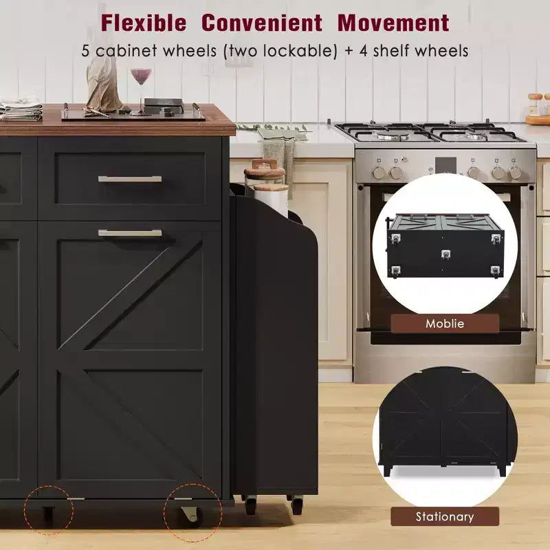 Farmhouse Kitchen Island with Drop Leaf, Kitchen Cart with Removable Side Racks and Towel Rack