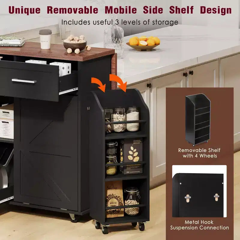 Farmhouse Kitchen Island with Drop Leaf, Kitchen Cart with Removable Side Racks and Towel Rack
