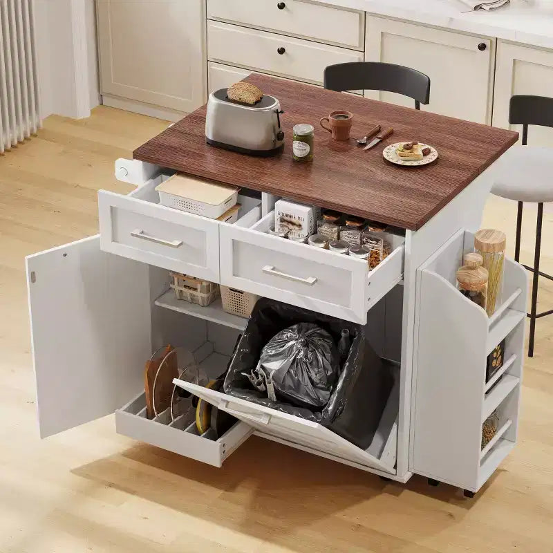 Farmhouse Kitchen Island with Drop Leaf, Kitchen Cart with Removable Side Racks and Towel Rack