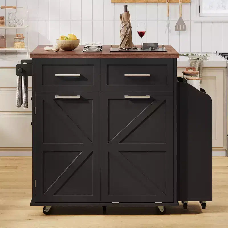 Farmhouse Kitchen Island with Drop Leaf, Kitchen Cart with Removable Side Racks and Towel Rack