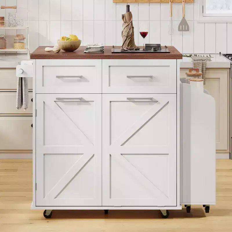 Okak Farmhouse Kitchen Island with Drop Leaf, Kitchen Island Cart with Removable Side Racks and Towel Rack, Kitchen Cart for Home