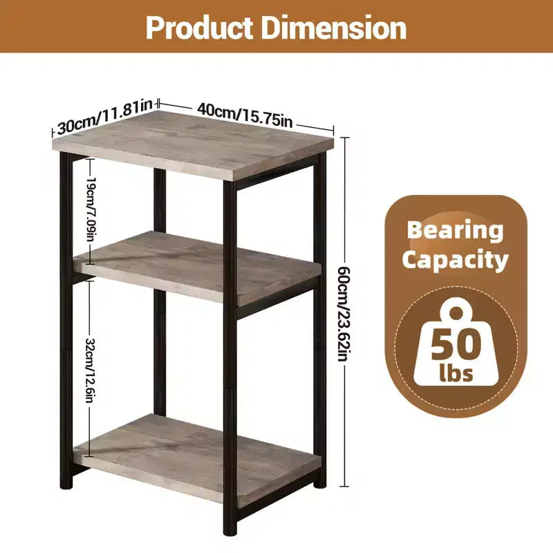 3-Tier Wooden Narrow End Table with Metal Frame
