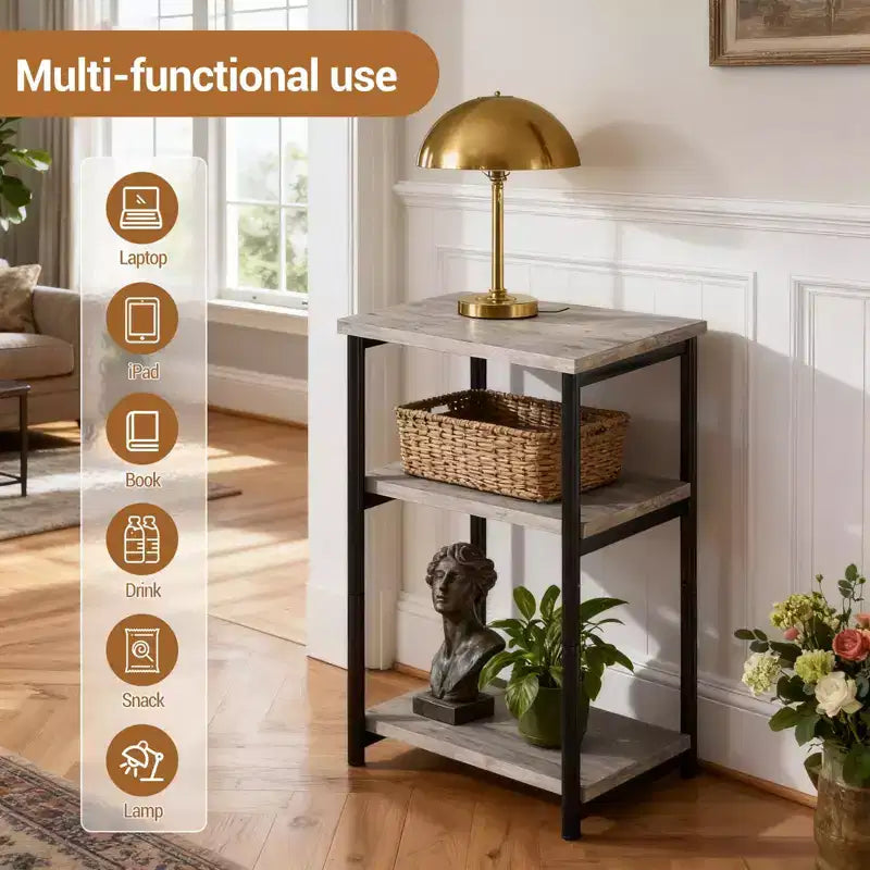 3-Tier Wooden Narrow End Table with Metal Frame