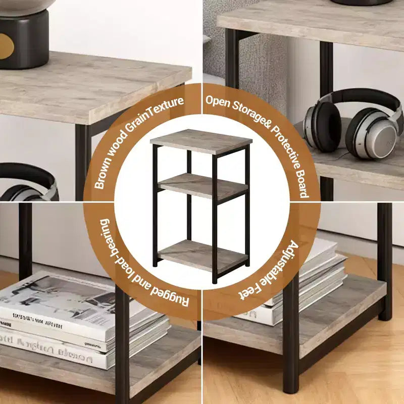 3-Tier Wooden Narrow End Table with Metal Frame