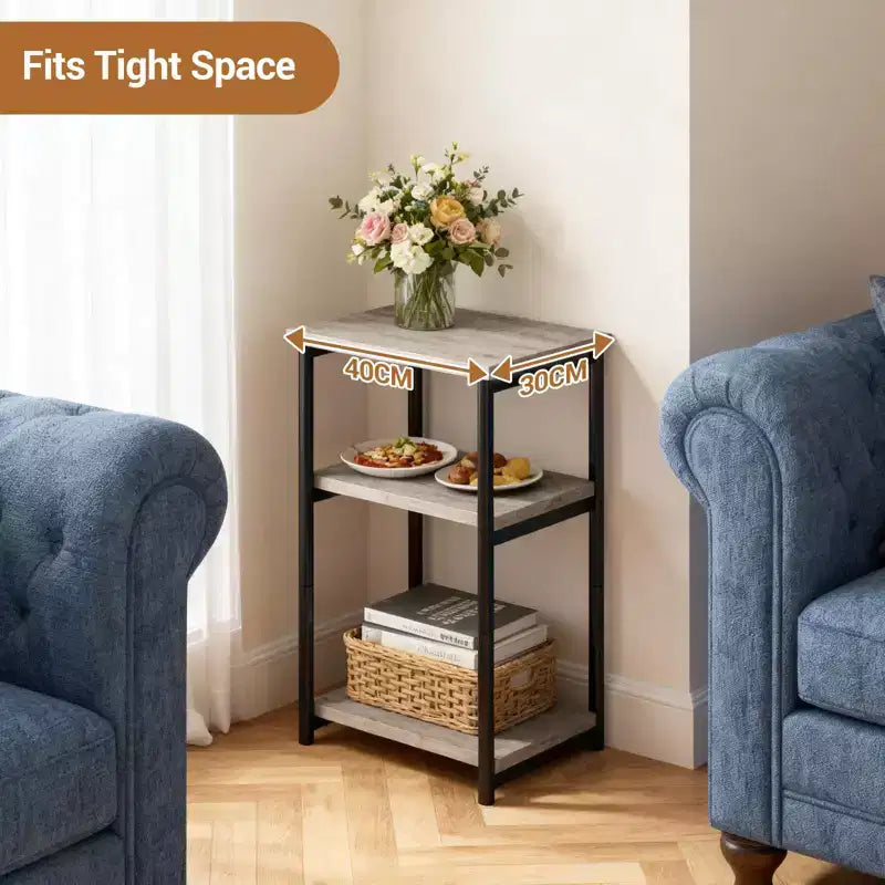 3-Tier Wooden Narrow End Table with Metal Frame