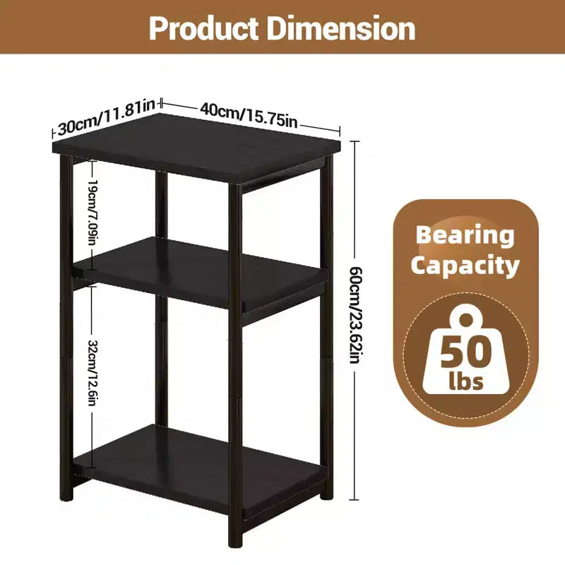 3-Tier Wooden Narrow End Table with Metal Frame