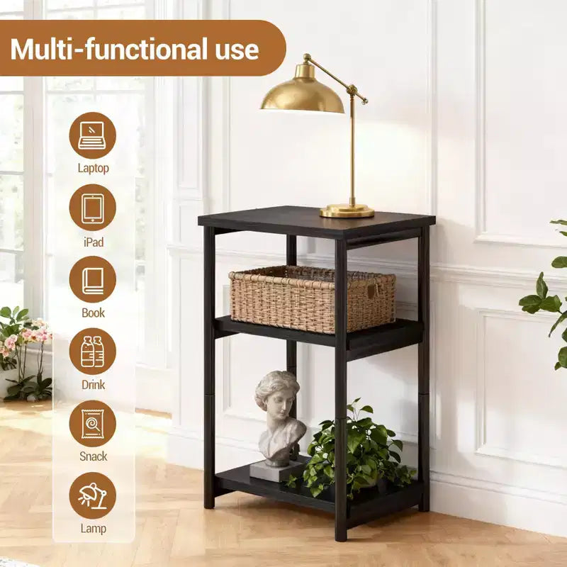 3-Tier Wooden Narrow End Table with Metal Frame