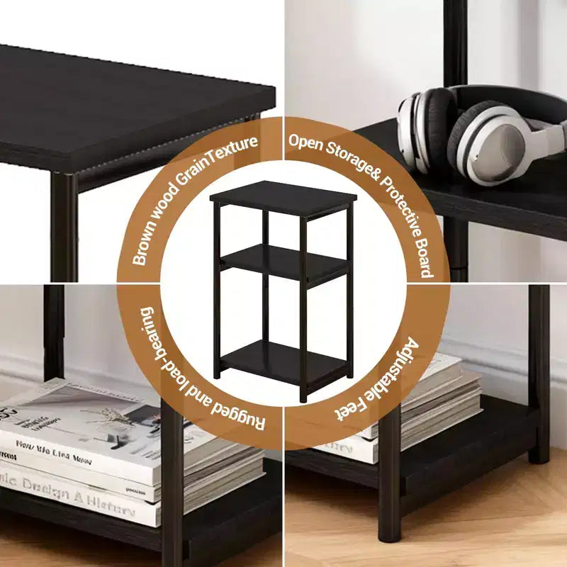3-Tier Wooden Narrow End Table with Metal Frame