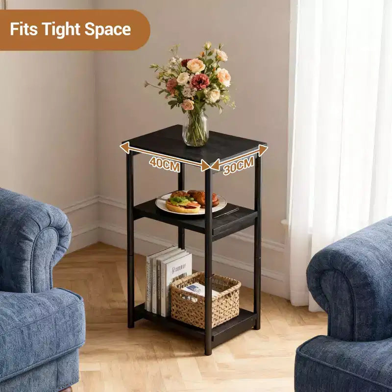 3-Tier Wooden Narrow End Table with Metal Frame