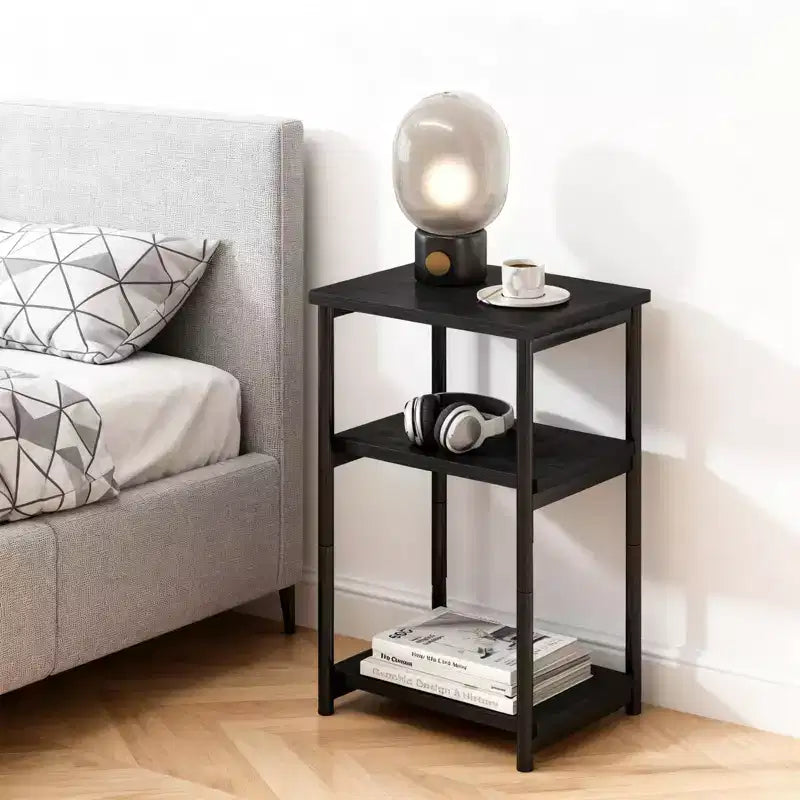 Modern Sofa Side Table, 3 Tier Wooden Narrow End Table, Small Bedroom Nightstand with Metal Frame, Accent Bedside Table for Small Space