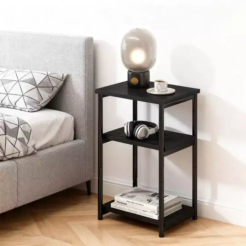 Modern Sofa Side Table, 3 Tier Wooden Narrow End Table, Small Bedroom Nightstand with Metal Frame, Accent Bedside Table for Small Space