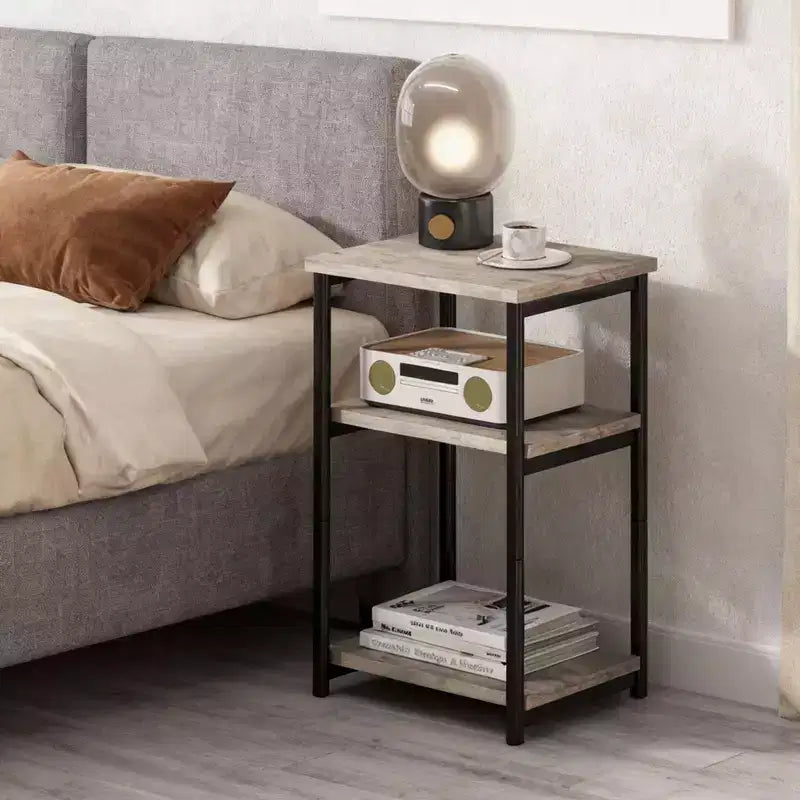3-Tier Wooden Narrow End Table with Metal Frame