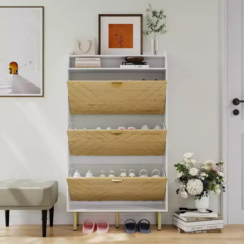 Shoe Cabinet Storage for Entryway Ultra Slim with 3 Flip Drawers,31.2 W Narrow Shoe Cabinet for Front Door Entrance,Freestanding Shoes Organizer