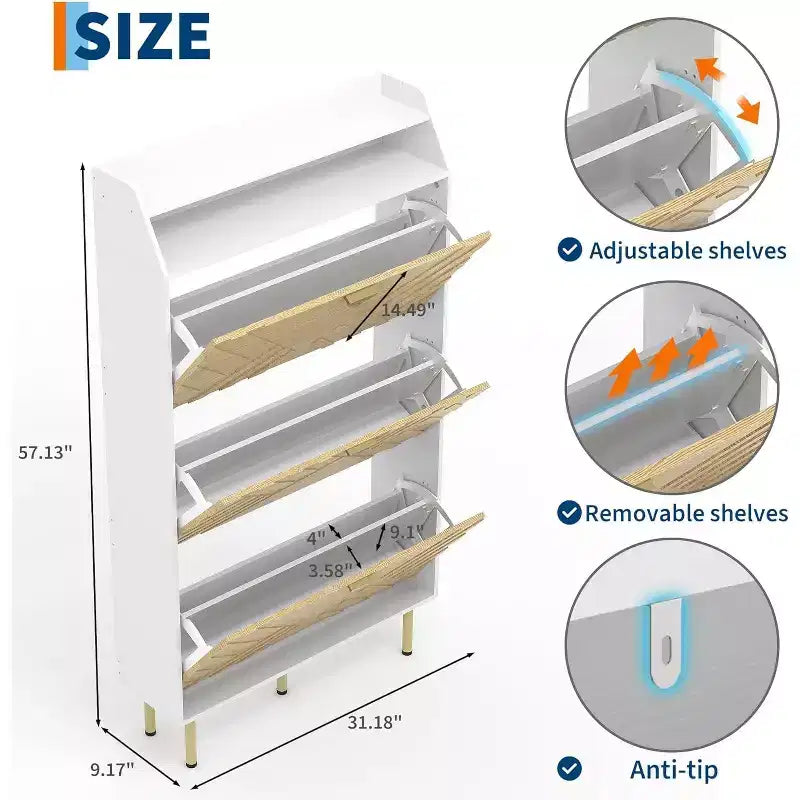 Ultra Slim Shoe Cabinet with 3 Flip Drawers – Freestanding Entryway Organizer