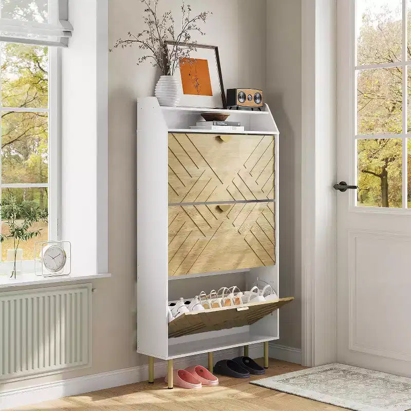 Ultra Slim Shoe Cabinet with 3 Flip Drawers – Freestanding Entryway Organizer