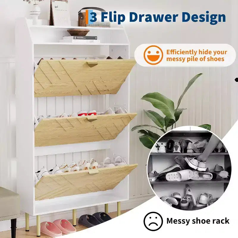 Ultra Slim Shoe Cabinet with 3 Flip Drawers – Freestanding Entryway Organizer