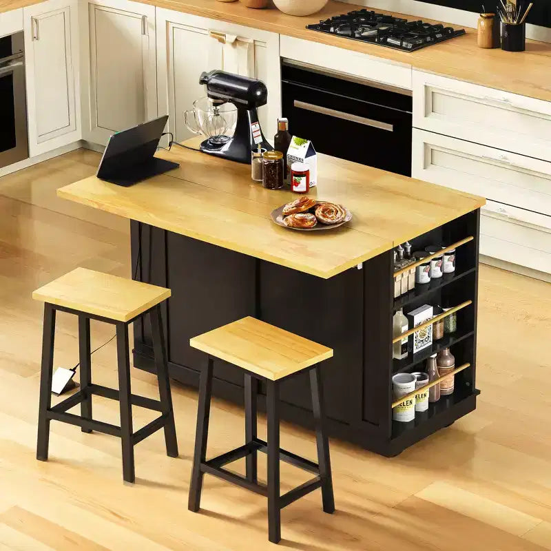 JVNOXK 48-inch Large Kitchen Island, Folding Leaf Panel, 5-Wheel Mobile Storage Cart with 5 Open Side Shelves (Does Not Include Stools) Black