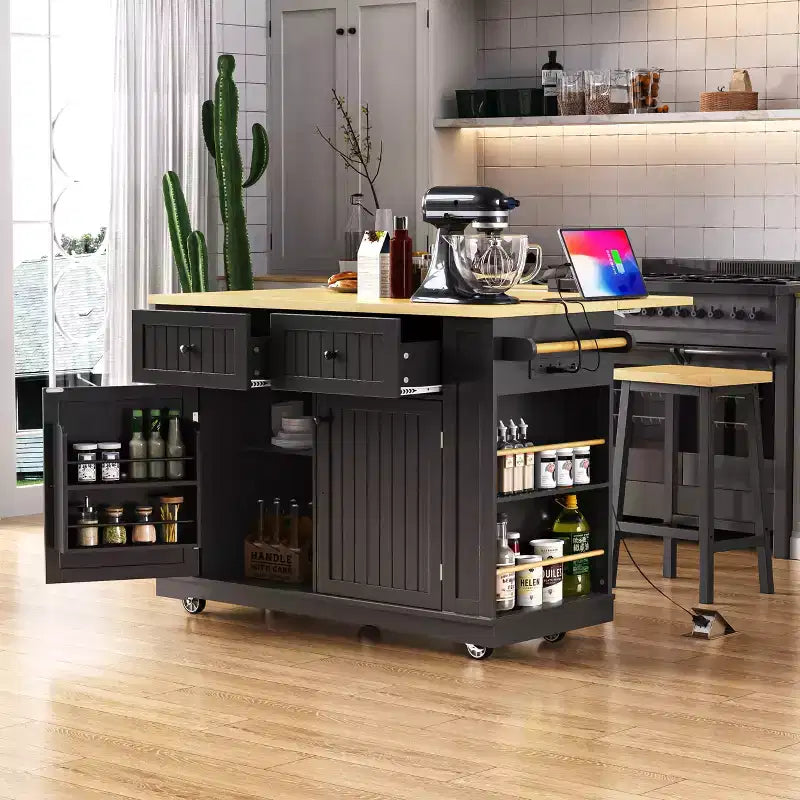 48-inch Large Kitchen Island, Folding Leaf Panel, 5-Wheel Mobile Storage Cart with 5 Open Side Shelves (Does Not Include Stools) Black