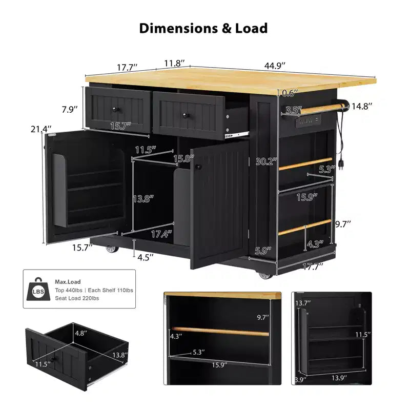 48-inch Large Kitchen Island, Folding Leaf Panel, 5-Wheel Mobile Storage Cart with 5 Open Side Shelves (Does Not Include Stools) Black