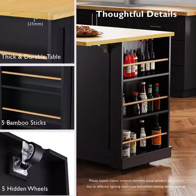 48-inch Large Kitchen Island, Folding Leaf Panel, 5-Wheel Mobile Storage Cart with 5 Open Side Shelves (Does Not Include Stools) Black